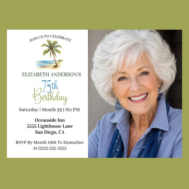 Invitación Palmera de Playa Cumpleaños 75 Foto (Elegant coastal 75th birthday photo invitation with tropical palm tree beach design and ocean theme )