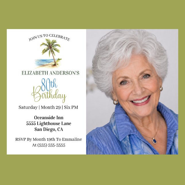 Invitación Palmera de Playa Cumpleaños 80 Foto (Elegant coastal 80th birthday photo invitation with tropical palm tree beach design and ocean theme )