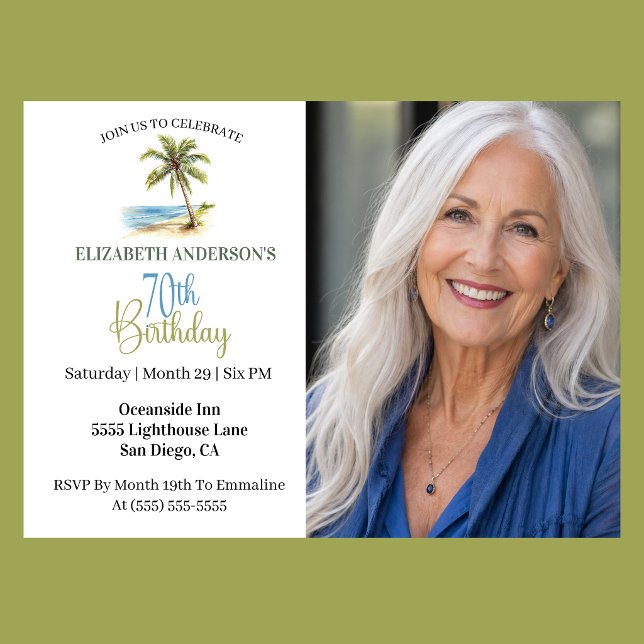 Invitación Palmera de Playa Foto de 70 Cumpleaños (Elegant coastal 70th birthday photo invitation with tropical palm tree beach design and ocean theme )