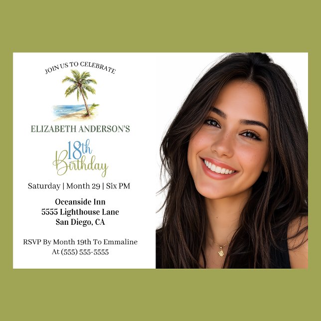 Invitación Palmera de Playa Foto de Cumpleaños 18 (Tropical beach palm tree 18th birthday photo invitation for woman coastal party
)