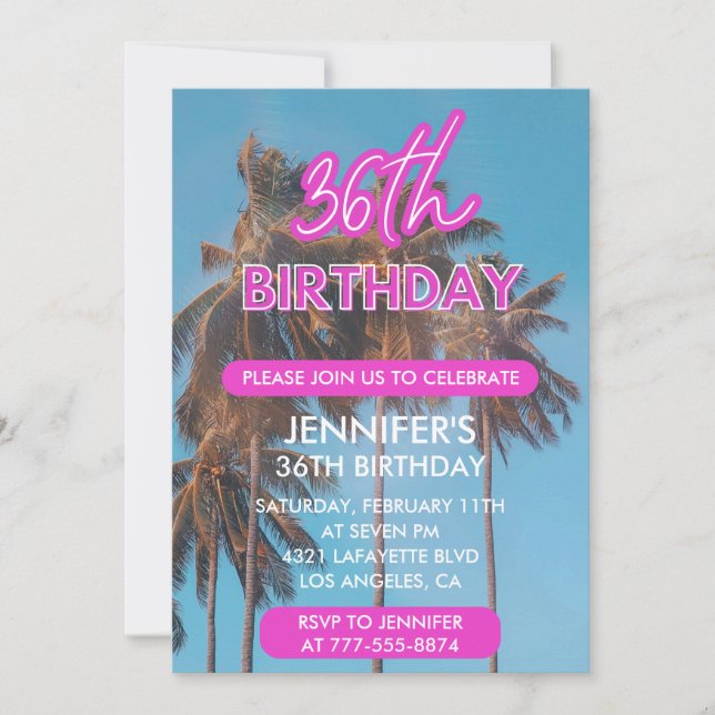 Invitación Palmera de verano Tropical Rosa 36 cumpleaños (Anverso)