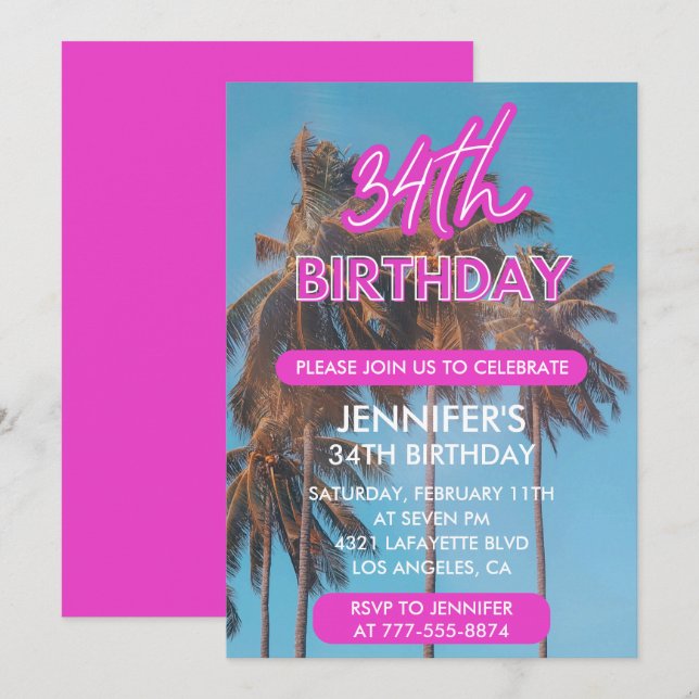 Invitación Palmera de verano Tropical Rosa cumpleaños 34 (Anverso / Reverso)