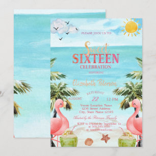 Invitación Palmera Flamencos Rosas Tropical 
