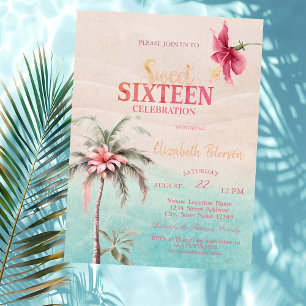Invitación Palmera Hibisco Tropical Verano Fiesta Dulces 16 