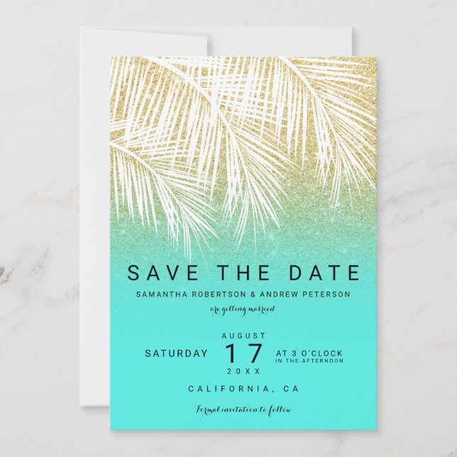 Invitación Palmera moderna de oro y aqua para guardar la fech (Anverso)