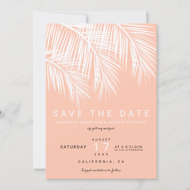 Invitación Palmera moderna melocotón salmón guardar la fecha (Anverso)