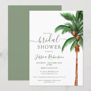 Invitación Palmera tropical acuarela color verde ducha de nov