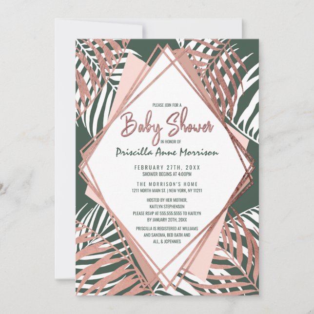 Invitación Palmera tropical Baby Shower del oro del rosa (Anverso)