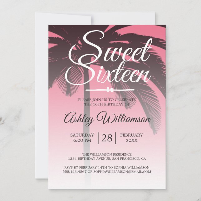 Invitación Palmera Tropical Cumpleaños Dulces 16 Dieciséis An (Anverso)