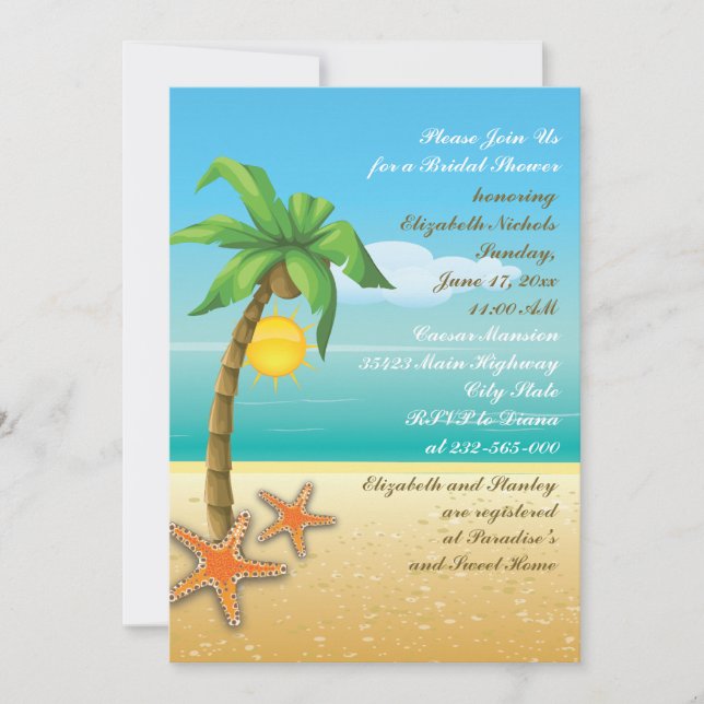 Invitación Palmera y marea estrellada en la playa de la ducha (Anverso)