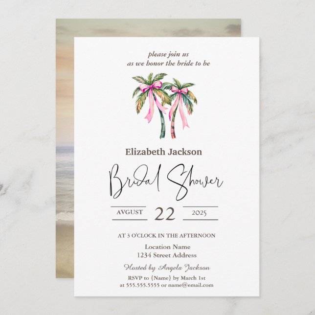 Invitación Palmeras acuáticas Pink Bow Beach Bridal Shower (Anverso / Reverso)