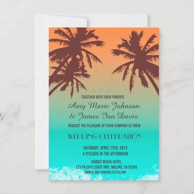 Invitación Palmeras azul océano de boda invita a la playa2 (Anverso)