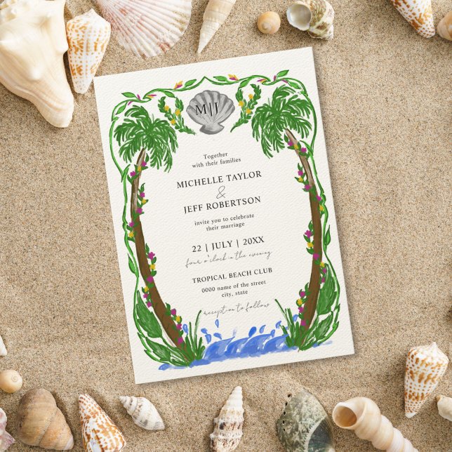 Invitación Palmeras caprichosas playa océano (hand drawn palm trees with a shell, in the form of a crest, for the beach wedding)