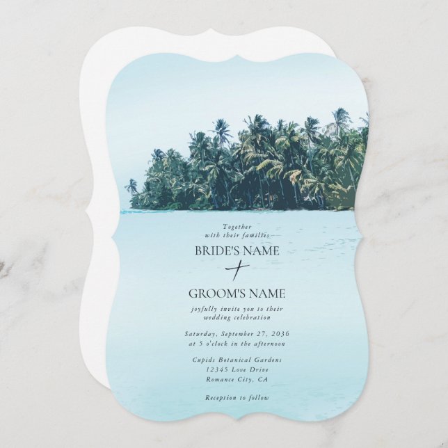 Invitación Palmeras de acuarela tropical y boda de playa (Anverso / Reverso)