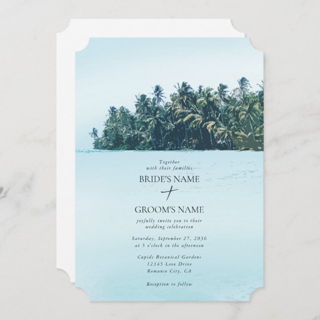 Invitación Palmeras de acuarela tropical y boda de playa (Anverso / Reverso)