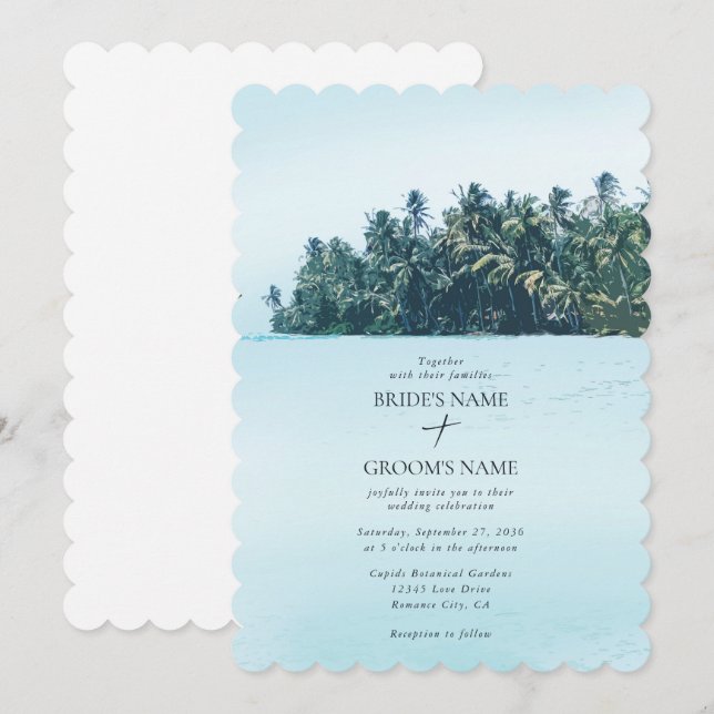 Invitación Palmeras de acuarela tropical y boda de playa (Anverso / Reverso)