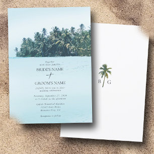 Invitación Palmeras de acuarela tropical y boda de playa