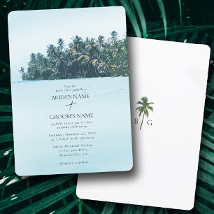 Invitación Palmeras de acuarela tropical y boda de playa