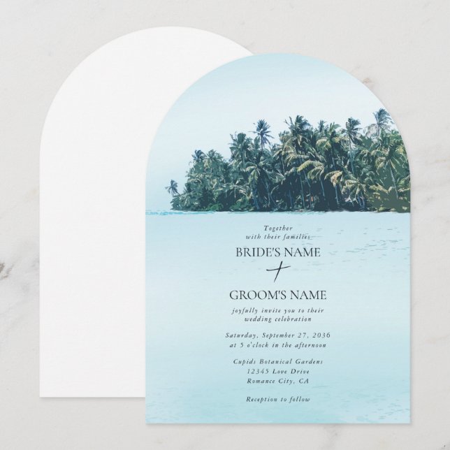 Invitación Palmeras de acuarela tropical y boda de playa (Anverso / Reverso)
