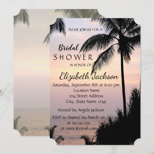 Invitación Palmeras de boda en la playa Puesta de sol  Desayu (Anverso / Reverso)