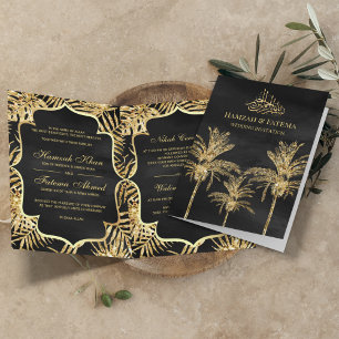 Invitación Palmeras de citas con brillo negro y dorado Boda m