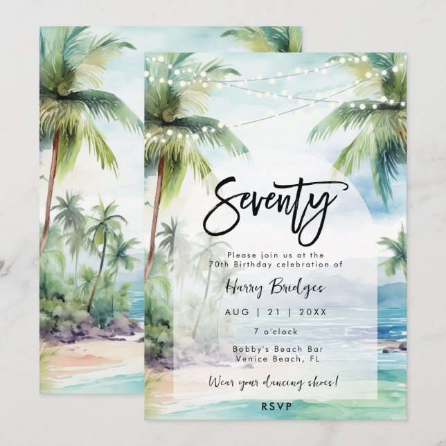 Invitación palmeras de playa fiesta de cumpleaños 70 (Anverso / Reverso)