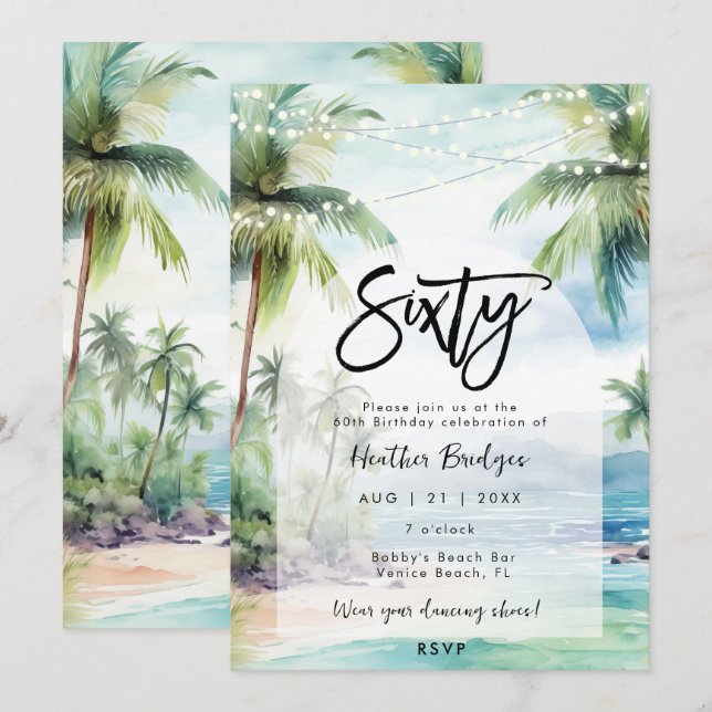 Invitación palmeras de playa fiesta de cumpleaños número 60 (Anverso / Reverso)