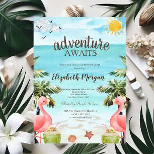 Invitación Palmeras de playa flamencos rosados cócteles