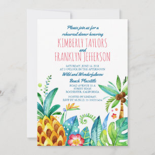 Invitación palmeras de playa piña acuarela ensayo cena