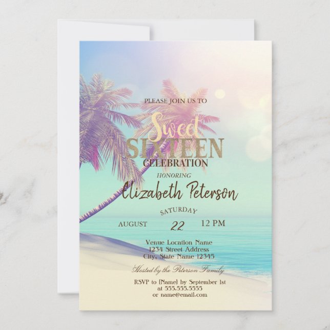 Invitación Palmeras de Playa Tropical Fiesta de Dulces 16 de  (Anverso)