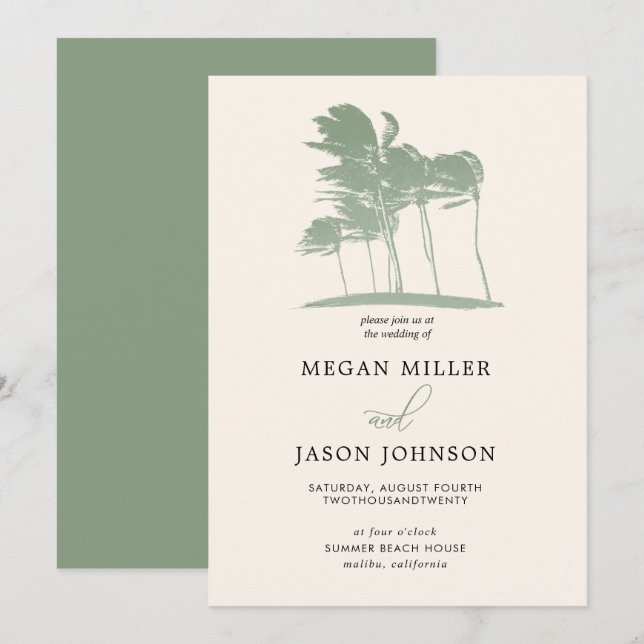 Invitación Palmeras de viento, boda de destino verde sabio (Anverso / Reverso)