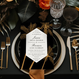 Invitación palmeras doradas boda tropical sofisticado