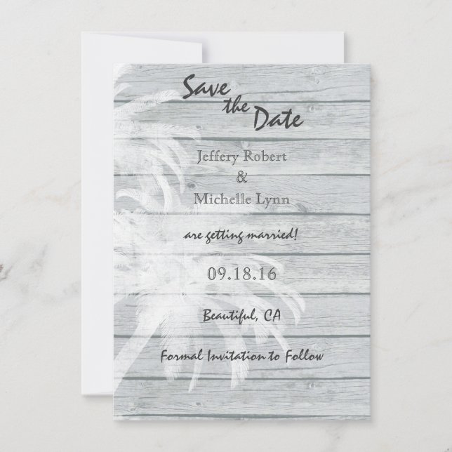 Invitación Palmeras en la playa de madera Boda Save the Date (Anverso)