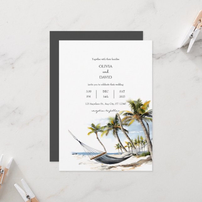 Invitación Palmeras Exóticas Hamaca Relajación Boda Playa (Anverso/Reverso In Situ)