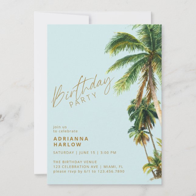 Invitación Palmeras | Fiesta de cumpleaños de Pastel Sky Blue (Anverso)