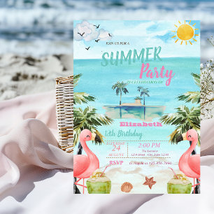 Invitación Palmeras Flamingos Rosados,Cócteles,Cumpleaños en 