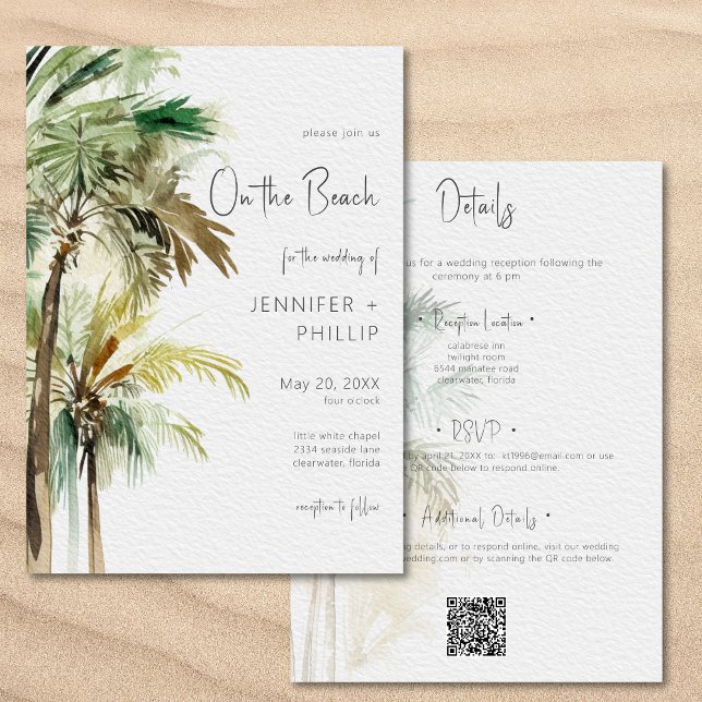 Invitación Palmeras modernas en la playa (Palm Trees Modern On the Beach Wedding Two Sided Invitation)
