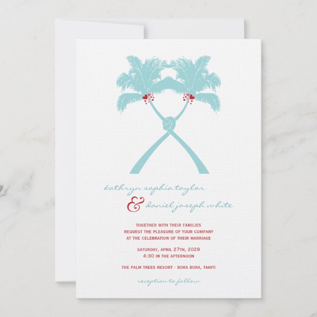 Invitación Palmeras nubladas Corazón de Boda Tropical en Play (Anverso)