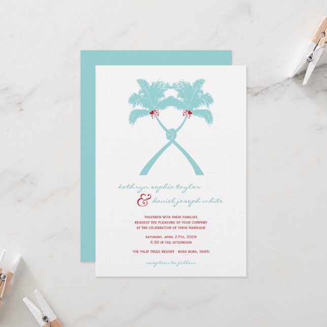 Invitación Palmeras nubladas Corazón de Boda Tropical en Play (Anverso/Reverso In Situ)