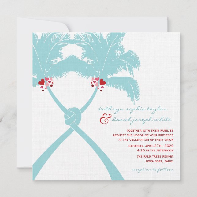 Invitación Palmeras nubladas Corazón de Boda Tropical en Play (Anverso)