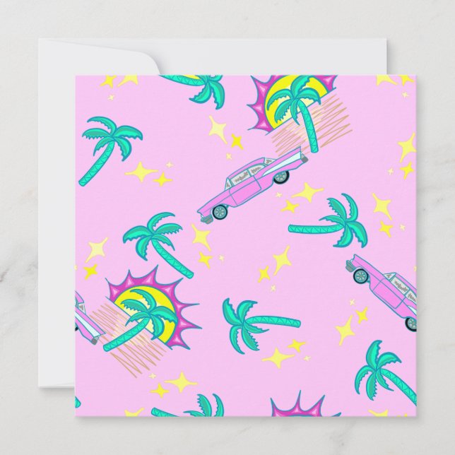 Invitación palmeras retro rosadas y coche (Anverso)