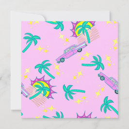 Invitación palmeras retro rosadas y coche