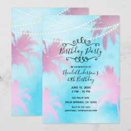 Invitación Palmeras rosadas cielo azul y luces fiesta de cump