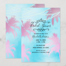 Invitación Palmeras rosadas cielo azul y luces para una despe