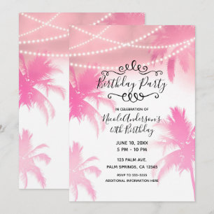 Invitación Palmeras rosadas tropicales y luces de fiesta de c