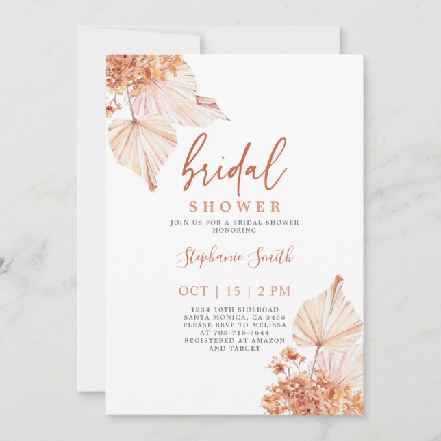 Invitación Palmeras secas Terracotta Boho Ducha Bridal (Anverso)