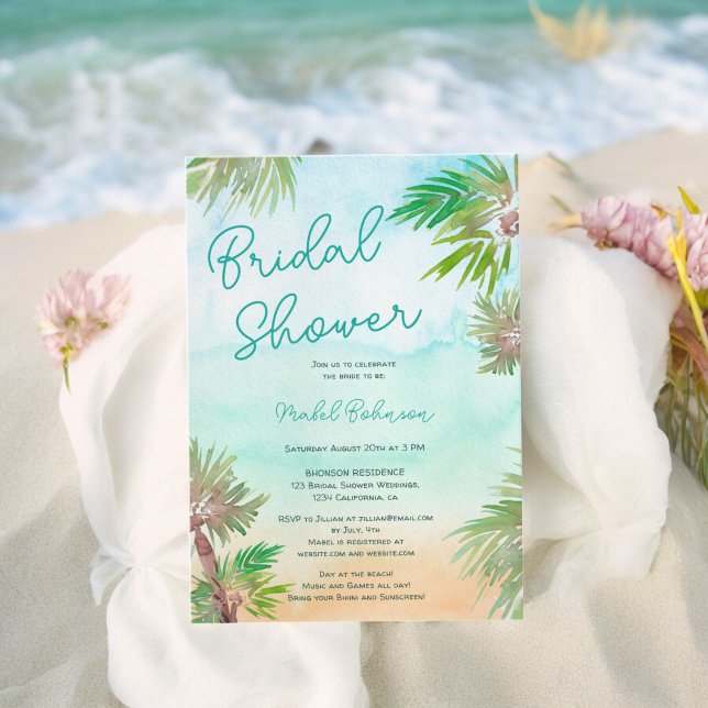 Invitación Palmeras tropicales acuarela playa ducha de novia (Tropical palm trees watercolor beach bridal shower invitation)