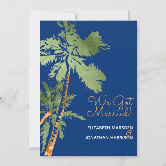 Invitación Palmeras Tropicales Azul Oscuro Solo Recepción Cas (Anverso)