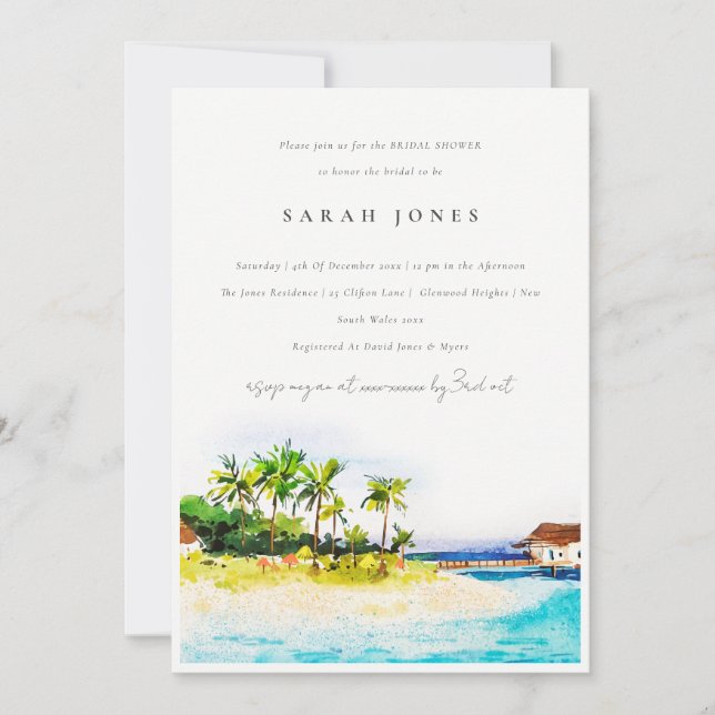 Invitación Palmeras Tropicales Beach Seascape Beach Bridal Sh (Anverso)
