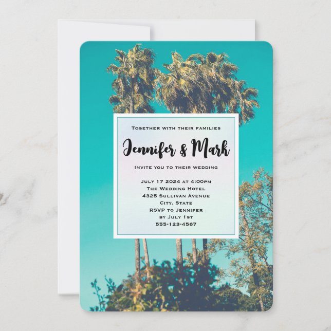 Invitación Palmeras Tropicales Boda Retro California (Anverso)